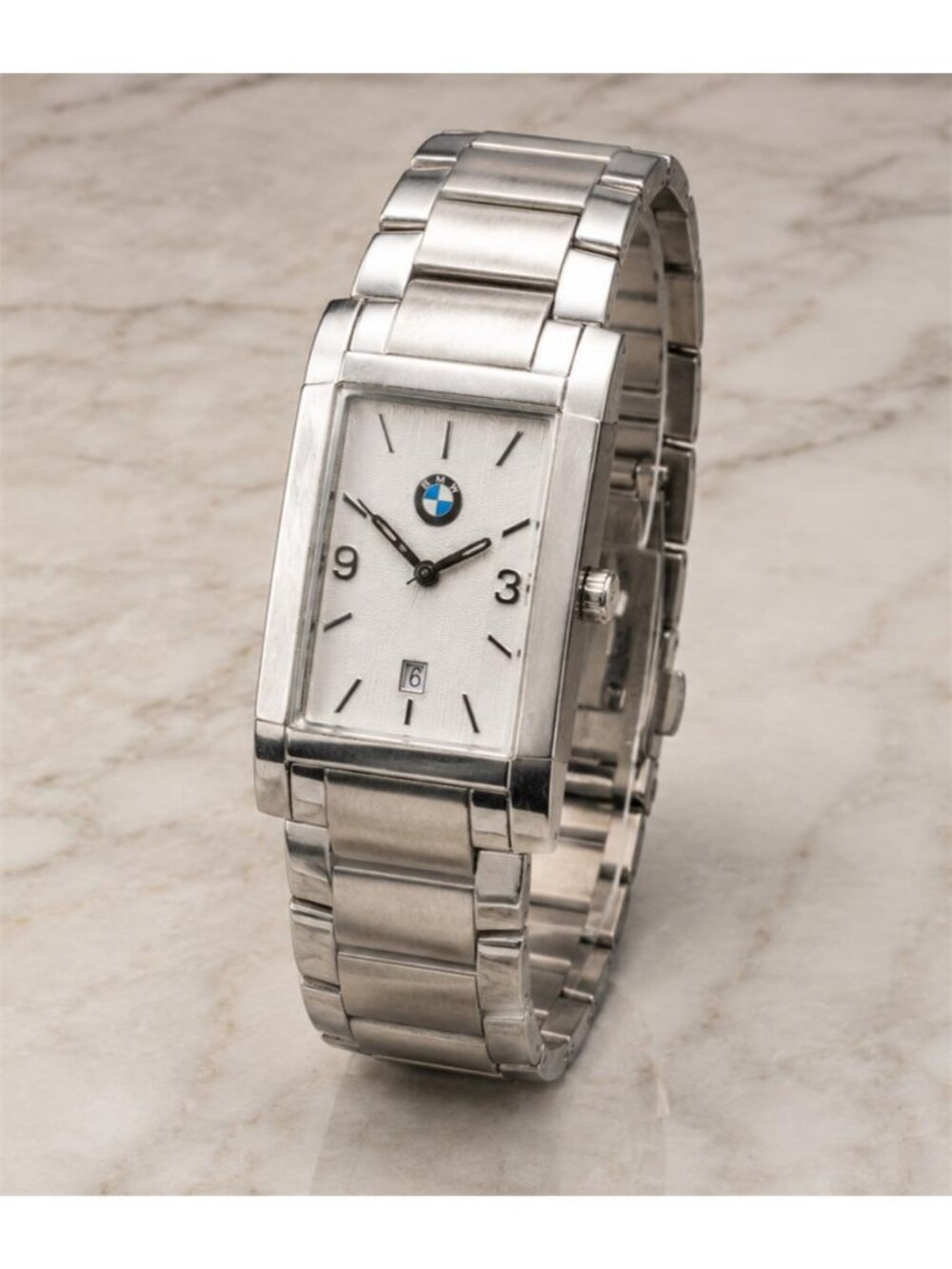 BMW Logo Rectangular Stainless Steel Bracelet Watch 5.5 In Wrist Silver Quartz